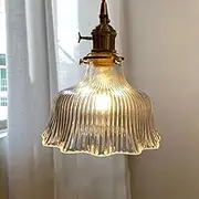 TONFON Transparent Green Glass Chandelier French Vintage Pendant Light Adjustable Rope E27 Single Head Ceiling Light Fixture for Kitchen Island Dining Room Bedroom Hallway Bar Living Room(Color:Clear)