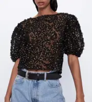 BNWT Zara Sheer Mesh Blouse Textured Crop Puff Sleeve Gold Ruffle Top M 1014/403