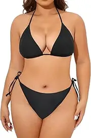 [Tempt Me] Women Plus Size Triangle Bikini String Two Piece Halter Tie Side Swimsuit