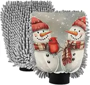 XYMZR Snowmen Birds Red Christmas Absorbent Microfiber Car Wash Mitt, Funny Cute Anime Scratch Free for Cars Cleaning, Home Cleaning Mitts, 2 Pack, 10.24” L x 7.09” W