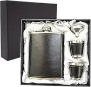 Hip Flask Set with Funnel and Shot Glasses, 8 oz Alcohol Flask Stainless Steel + PU Leather Whiskey Flask, Leak Proof Pocket Hip Flask for Liquor for Men, Black