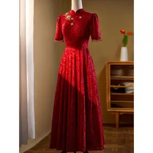 【女神婚紗禮服】高端紅色中式斜襟旗袍宴會晚禮服 4530(新娘服 訂婚禮服)