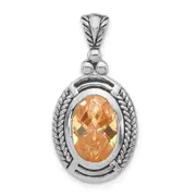 Sterling Silver Polished & Antiqued Oval Champagne Cz Pendant