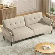 COPIAE 89” Futon Sofa Bed, Velvet Fabric Comfy Futon Couch Bed with 2 Square Pillows, Convertible Sleeper Sofa with Adjustable Backrest& Armrests, Modern Loveseat Sleeper for Living Room, Beige