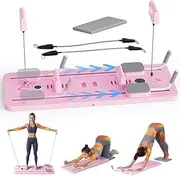 Foldable Pilates Reformer Set, Multifuctional Pilates Board ab Roller Exercise Wheel, Automatic Rebound Pilates Board Abdominal Exercise Equipment with Resistance Rope and Timer for Home Pink Pink
