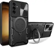 Case for Samsung Galaxy A25, Heavy Duty Shockproof Cover with 360° Rotatable Magnetic Kickstand and Slide Camera Lens Cover Case for Samsung Galaxy A25-Black