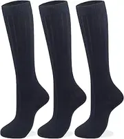 [COTTON DAY] 3 Pack Kids Girls Soft Knee High School Uniform Dress Socks Seamless Toe Black White Navy Blue Gray, Wide Ribbed Navy, Small