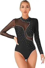 [Loodgao] Women Shiny Rhinestone Ballet Dance Leotard Keyhole Back Mesh Long Sleeve Gymnastics Bodysuit Tops