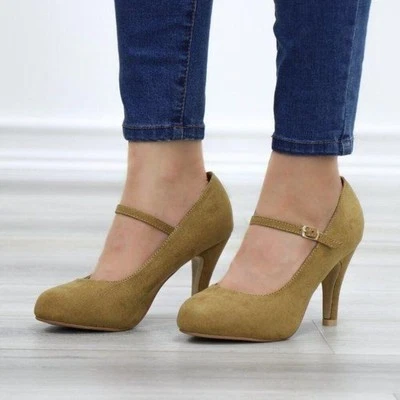 Stiletto's High Heel Pumps Rockabilly Retro Style Taupe Faux Suede Mary Jane