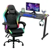 Advwin Gaming Desk RGB LED Light & Gaming Chair RGB LED Massage Office Chair Black
