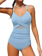 [Doumlop] Girls Swimsuit Criss Cross One Piece Swimsuits Wrap Tie Back Sheer Mesh Bathing Suit with Gold Metal Swimwear 9-16Y