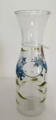 Grant Howard Blue Hydrangea Hand Painted Glass Carafe , 34oz, 10.5" Tall, New
