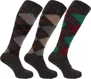 [Universal Textiles] Mens Traditional Argyle Pattern Long Length Lambs Wool Blend Socks (Pack Of 3)