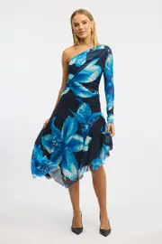 Blue Floral One Shoulder Dress Mesh - Size 16XL, Women's Maxi Dress