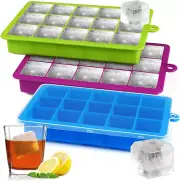 Large Ice Cube Trays with Lid,3 Pack Silicone Ice Cube Molds,15 Big Square Ice C