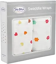 Silly Billyz Muslin Swaddle Wrap, Sycamore Heart, White, Pack of 2