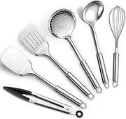 ReaNea Stainless Steel Cooking Utensils Set 6 Pieces, Kitchen Tools Set Include Metal Spatula Set, Skimmer, Ladle, Tong, Whisk, Kitchen Gadgets Essentials New Home Must Have