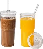 CAYOREPO 2 Packs 20 oz Glass Cups with Lids and Straws, Glass Coffee Tumbler, Tumbler Water Glass, Water Bottle, Thick Wall Glass Coffee Mug Iced Tea Cup (Clear (2Pcs 20oz))