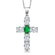 925 Sterling Silver White Topaz and Nano Emerald Cross Pendant Subtle Gem Gift