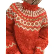 Women Knitted Nordic Sweater Roll Neck Jumper Pullover Winter Tops- Red M