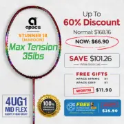 Apacs Stunner 18 (Maroon) Badminton Racket FREE String & Grip - 100% Original