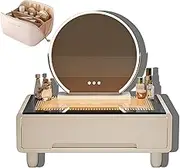 Small Vanity Table for Tatami,Bay Window Dressing Table with LED Mirror & 1 Drawer &Storage Bucket,Multifunctional