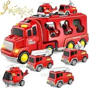 Construction Toddler Truck Toys for 3 4 5 6 Year Old - 5-in-1 Friction Power Vehicle Car Toy for Toddlers, Fire Carrier Toys Set with Light Sound Power