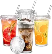 4Pack Glass Cups with Lids and Straws,with Cup Sleeve,12 oz Iced Coffee Cup for Coffee Bar, Ribbed Glasses Drinking, Glass Tumbler with Straw for Whiskey, Beer, Water, Soda