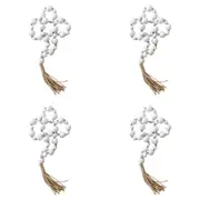 4x Wood/Jute 44cm Multi Tassel Loop Bead Home/Office Decor Charm Ornament White