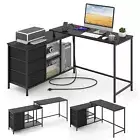 L-shaped Corner Computer Desk w/ Power Outlet Office Drawers Metal Mesh Shelves