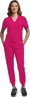 [Green Town] Scrubs for Women Scrub Set - Jogger Pant and Tuck-in V-Neck Top, 5 Pockets, Yoga Waistband, Nursing Uniform, Hot Pink, X-Large