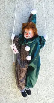 Lrg 32" Vintage PORCELAIN CLOWN MARIONETTE PUPPET On Swing Emerald Green Suit