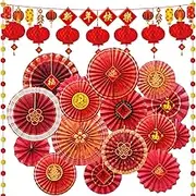 Ragnhild 24 Pcs Chinese New Year Decorations 2025, Chinese Red Paper Fans Lanterns Lunar New Year Decorations, Oriental Hanging Ornaments Banner for Chinese Spring Festival Year of Snake Party Decor