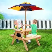 Keezi Kids Outdoor Table and Chairs Set, Wooden Picnic Bench with Colourful Umbrella Dining Tables Drawing Chair Eating Desks, Painting Activity Play Setting Home Living Room Bedroom Furniture