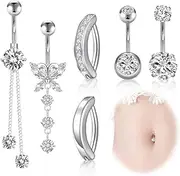 [kodivenj] Pack of 6 Belly Button Piercing, Dangling Belly Button Banana Barbell 10 mm Surgical Steel Dangling Belly Button Rings Silver Butterfly Navel Piercing Jewellery for Women, one size, Stainless