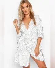 Boohoo White silver Plus Sequin Twist Front Dress Size 14 NWT holiday