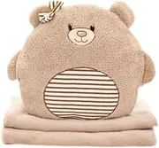 Remeehi 3 in 1 Animal Travel Blanket & Hand Warm & Plush Throw Pillow Set Soft Toy Gift(Bowknot Bear, Large Blanket)