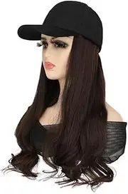 Hat Wig for Women Long Wavy Baseball Cap Wig with Curly Hair Extensions Synthetic Dark Brown Wig (Dark brown, One size)