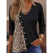 Women's Blouse Leopard Stylish Casual Long Sleeve V Neck Regular Tops Daily Patchwork Print Black Summer Fall
