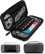 CALLCASE Carrying Case for Switch Lite with Glass Screen Protector, Portable Hard Shell Travel Case Storage Bag for Switch Lite Console and Accessories holds 10 Game Cartridges - Black