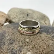 Beautiful Solid 925 Sterling Silver Copper & Brass Spinner Ring Band For Wedding