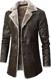[Generic] Men's Pu Leather Long Jackets Male Thicken Sherpa Lined Long Leather Coats Men Plush Button Mid Length Leather Jacket