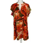 Marie Oliver Frida Dress Shell Fan Size Large Orange Silk Blend Printed Ruffles