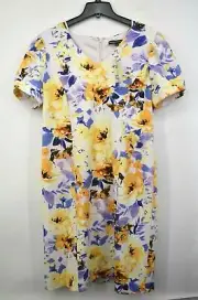 Preston & York Womens V-Neck Cuff Sleeve Floral Print Back Zip Sheath Dress 14