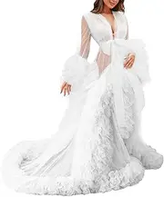 [MAYILNSIN] Women's Tulle Robe Maternity Dress Kimono Bathrobe Perspective Gown Photo for Baby Shower, White, M, White, Medium