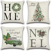 Christmas Cushion Cover, Waterproof Cushion Cover, 45 x 45 cm, Set of 4 Sofa Cushions, Decorative Cushion Cover for Sofa, Room, Outdoor, Balcony, Patio, Garden, Outdoor (Christmas Tree Home)