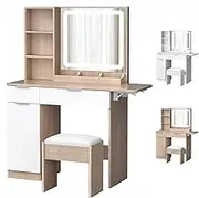 ALFORDSON Modern Vanity Dressing Table Set with LED Mirror, Storage Shelves, Drawers and Stool, Makeup Desk with Extendable Countertop, Wood White Color