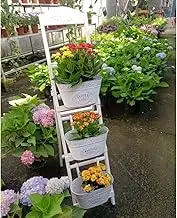 French Vintage 3 Tier Plant Stand, Tall Corner Ladder Shelf Wooden Step Display Rack with Iron Barrel, for Small Potted Plants Flowers Succulents Indoor Garden Patio Lawn Decors