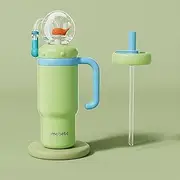 24oz Stainless Steel Whale Fountain Tumbler with Handle – Two Lids, Spill-Proof, Dishwasher Safe, Fountain Water Bottle, Drinking Cup with Squirt Adult (Green)