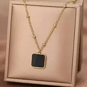 [SHMAZ] Stainless Steel Necklaces Black Minimalist Square Pendant Choker Chains Necklace For Women